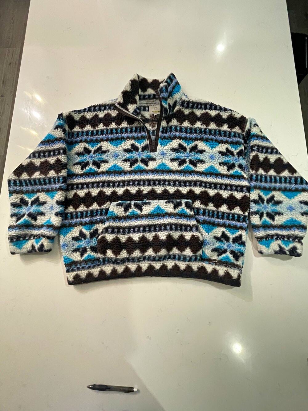 OFFL/NE by Aerie Fair Isle Sherpa Quarter Zip Fleece Pullover Sweater Blue XL